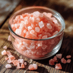 Close-up of Himalayan pink salt in a glass jar used for weight loss support