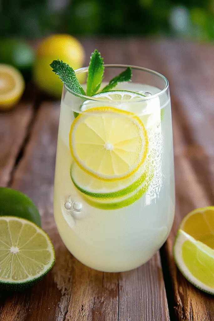 Pouring sparkling water into lemon-lime fizz